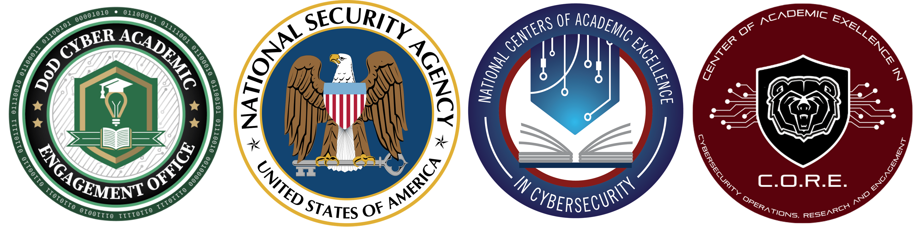A group of logos representing the Center of Academic Excellence in Cybersecurity Operations, Research and Engagement designation. The logos are: Department of Defense (DoD) Cyber Academic Engagement Office, the National Security Agency (NSA), the National Centers of Academic Excellence (NCAE) a Missouri State C.O.R.E logo with the Bearhead.